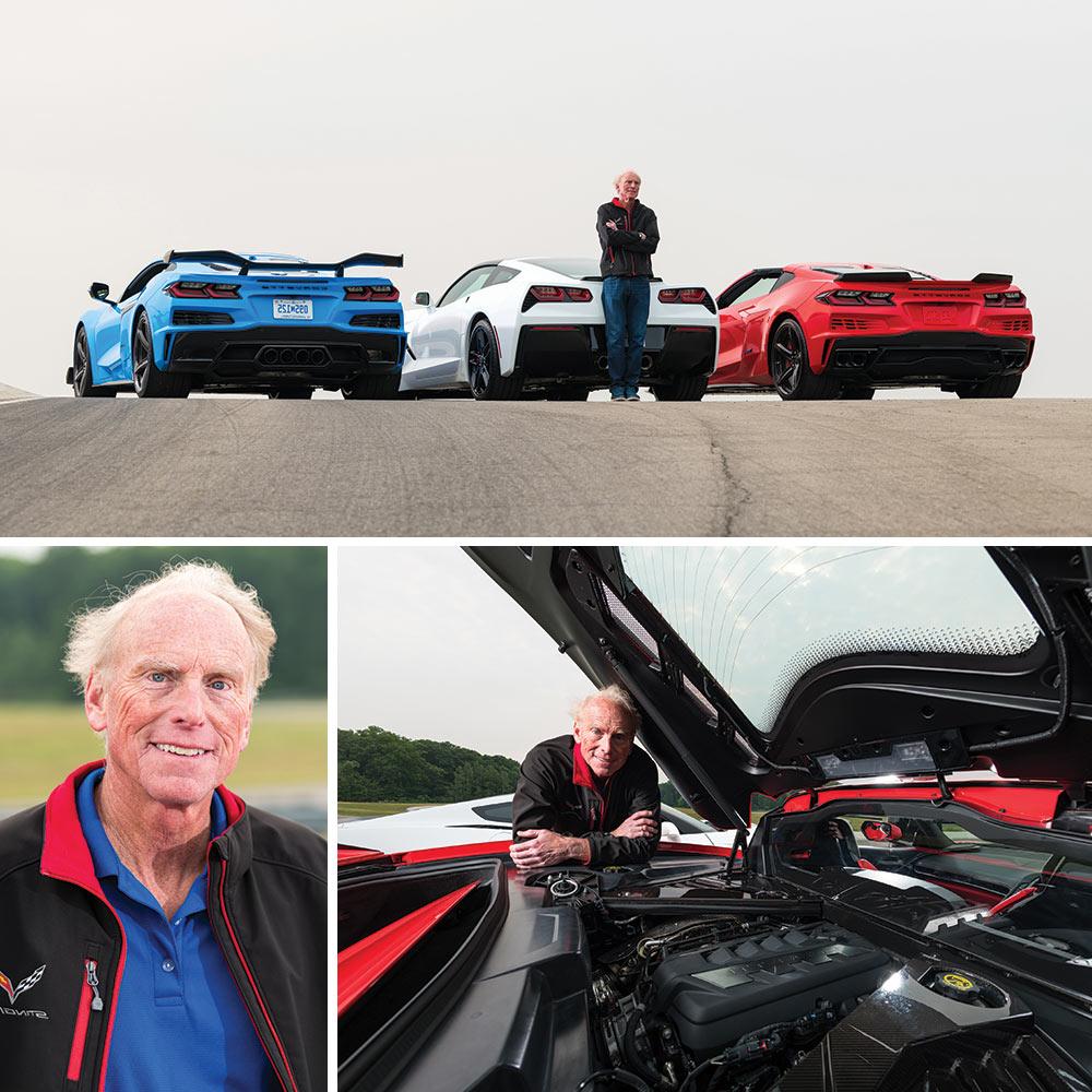 photos of Corvette engineer Tadge Juechter with three models of the car, 一幅画像, 用汽车的引擎